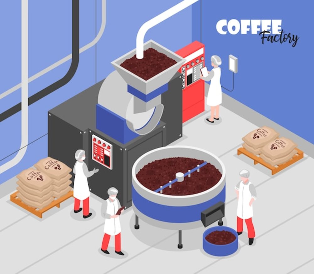 咖啡生产过程专用机械和工厂工人3d等距